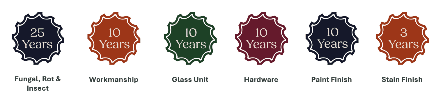 Timber window guarantees  including 25 year timber protection and 10 year guarantees on glazing, hardware and finishes
